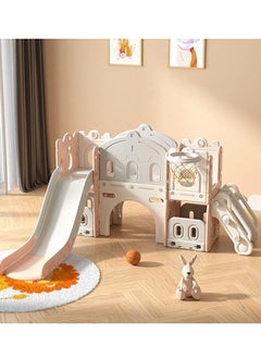 RBWTOYS منزل لعب للأطفال، غرفة لعب للأطفال، معدات ملعب، منزلقات بلاستيكية مع حلقة كرة سلة للأطفال، ألعاب منزلقة، منزل لعب للأطفال مع إطار تسلق وجسر ومنزلق وحلقة كرة سلة  - Image 1