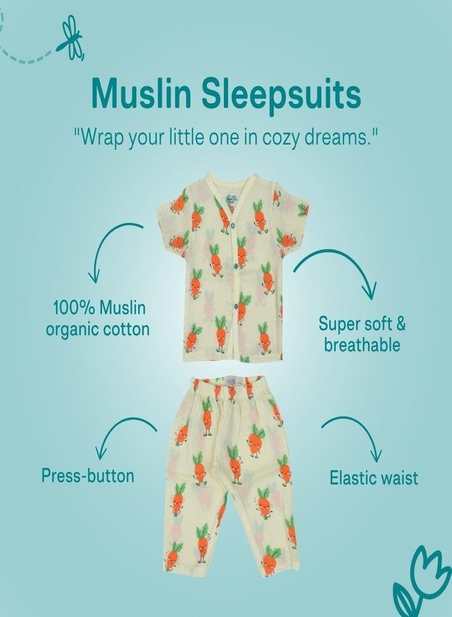 A toddler thing 100% Organic Muslin Cotton Half Sleeve Sleepsuits | Pajama Sets for Boys and Girls | Kids Nightwear | Carrot Cuddles | 6-12 Months - Image 2