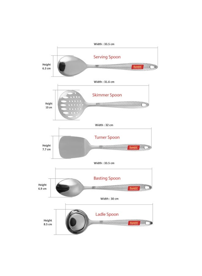 Sumeet Stainless Steel Big Serving and Cooking Spoon Set of 5pc (1 Turner, 1 Serving Spoon, 1 Skimmer, 1 Basting Spoon, 1 Ladle) - Image 3