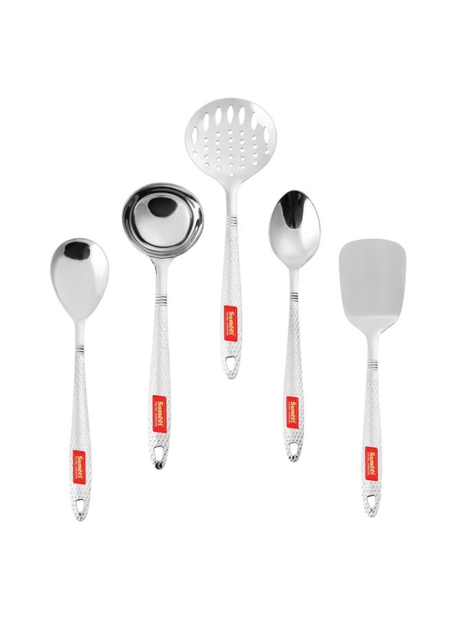 Sumeet Stainless Steel Big Serving and Cooking Spoon Set of 5pc (1 Turner, 1 Serving Spoon, 1 Skimmer, 1 Basting Spoon, 1 Ladle) - Image 5