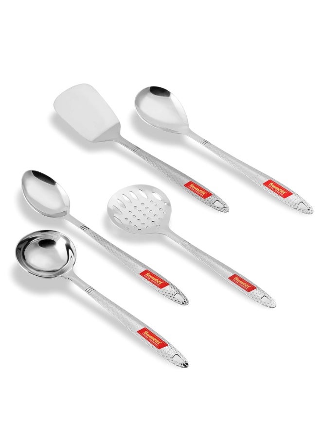 Sumeet Stainless Steel Big Serving and Cooking Spoon Set of 5pc (1 Turner, 1 Serving Spoon, 1 Skimmer, 1 Basting Spoon, 1 Ladle) - Image 1