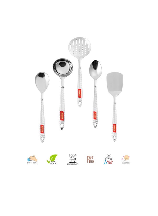 Sumeet Stainless Steel Big Serving and Cooking Spoon Set of 5pc (1 Turner, 1 Serving Spoon, 1 Skimmer, 1 Basting Spoon, 1 Ladle) - Image 2
