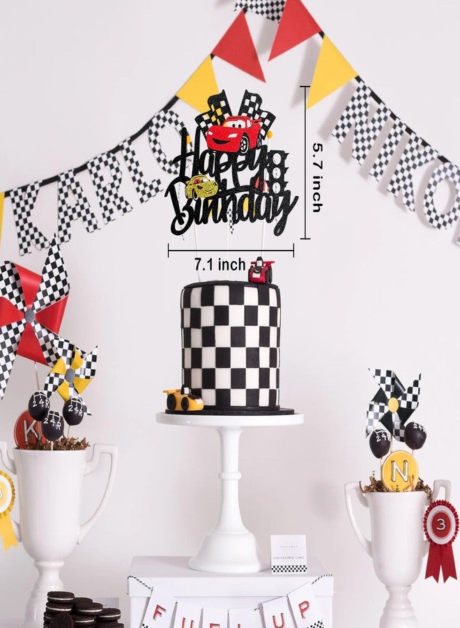 MEMOVAN Car Birthday Cake Topper Race Car Cake Decoration for Boy Girl Man Racing Car Checkered Flag Themed Birthday Party Supplies Double Sided - Image 2