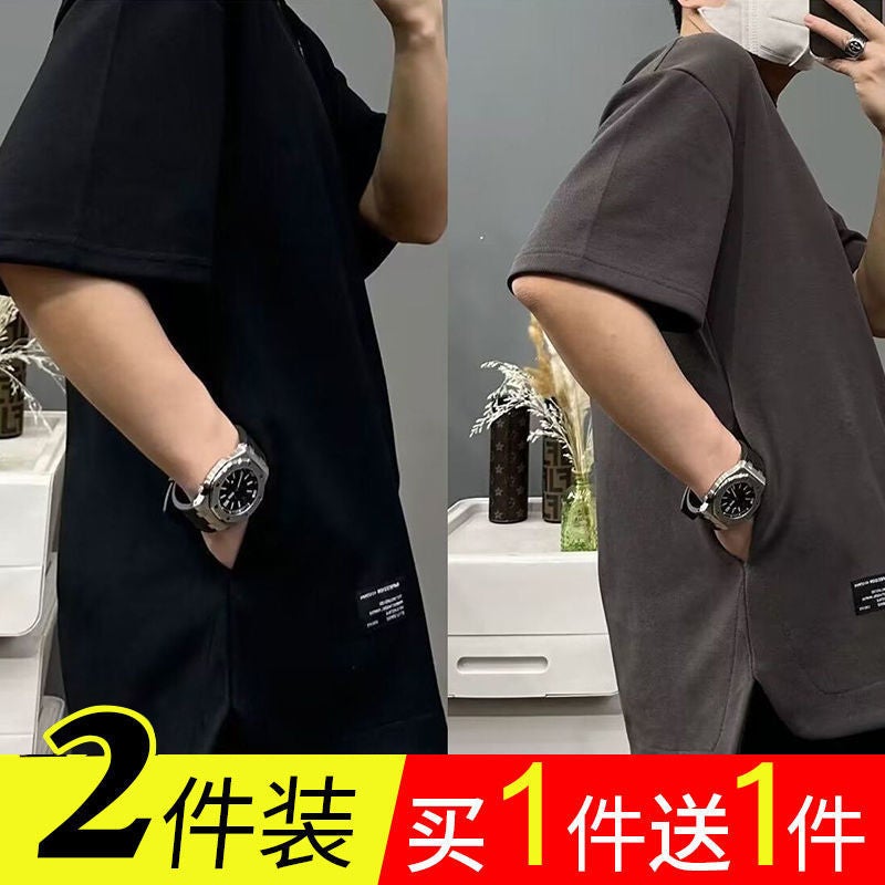 Summer Men'S T-Shirt Hidden Pocket Short-Sleeved T-Shirt Round Neck New All-Match Solid Color Fashionable Loose Plus Size Base - Image 1