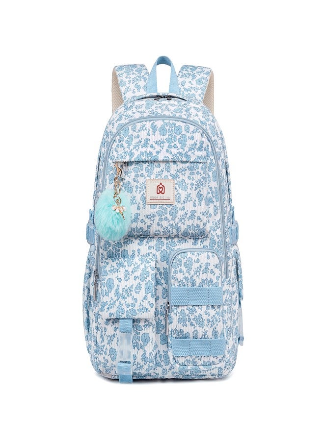 Hidds School Backpack Laptop College Backpacks Corduroy Bag Students Bookbag Anti Theft Travel Daypack for Teens Girls Women, 20-corduroy Blue Floral, Medium, Laptop Backpack Girls School Backpacks - Image 1