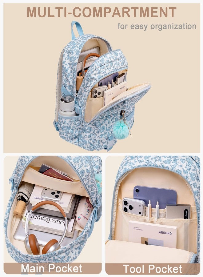 Hidds School Backpack Laptop College Backpacks Corduroy Bag Students Bookbag Anti Theft Travel Daypack for Teens Girls Women, 20-corduroy Blue Floral, Medium, Laptop Backpack Girls School Backpacks - Image 3