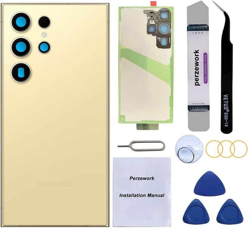 Perzework Rear Back Glass Replacement for Samsung Galaxy S24 Ultra 6.8-inches with Reparing Toolkit(Titanium Yellow) - Image 1