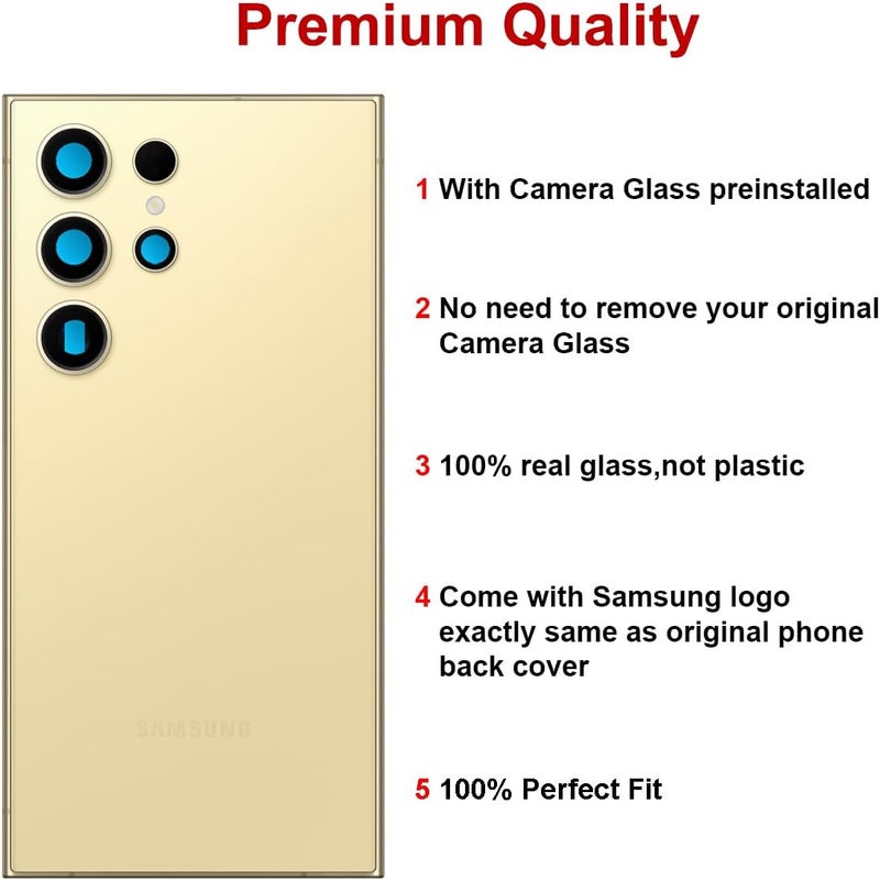 Perzework Rear Back Glass Replacement for Samsung Galaxy S24 Ultra 6.8-inches with Reparing Toolkit(Titanium Yellow) - Image 3