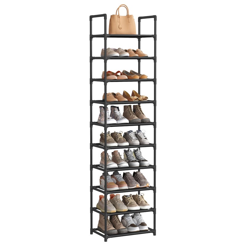 SONGMICS Shoe Rack 10 Tier Shoe Shelf Shoe Storage Organizer SpaceSaving 11 x 177 x 681 Inches Metal Frame NonWoven Fabric Shelves for Entryway Bedroom Black ULSH010B02
