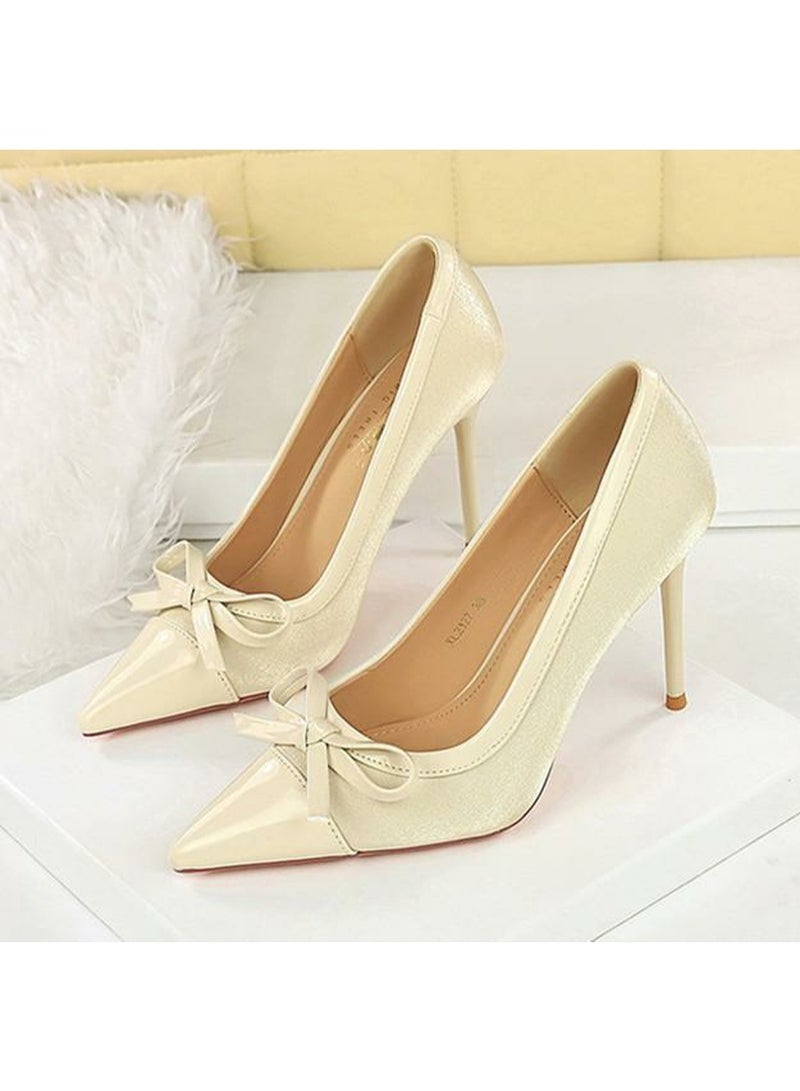 BIGTREE Women's Stiletto Pumps Closed Pointed Toe High Heels With Bowknot Decoration Champagne 10.5CM - Image 1