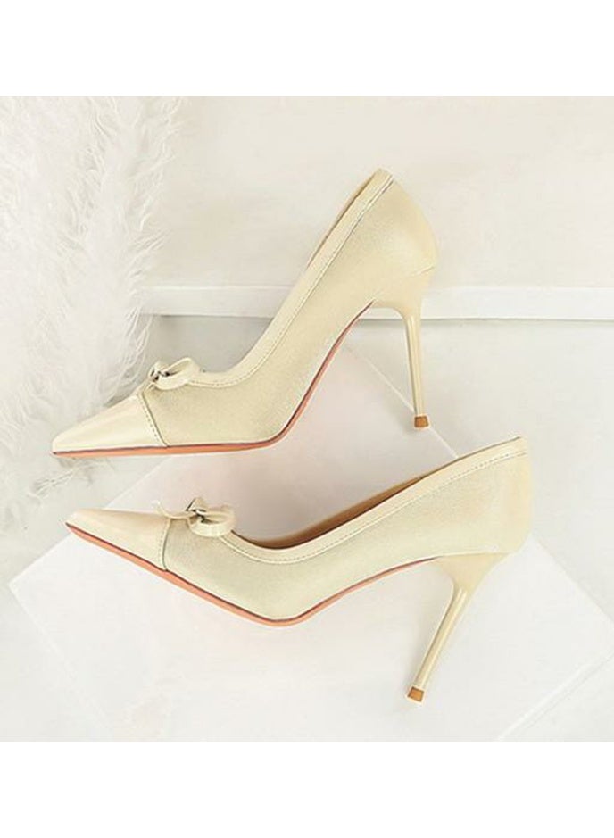 BIGTREE Women's Stiletto Pumps Closed Pointed Toe High Heels With Bowknot Decoration Champagne 10.5CM - Image 3