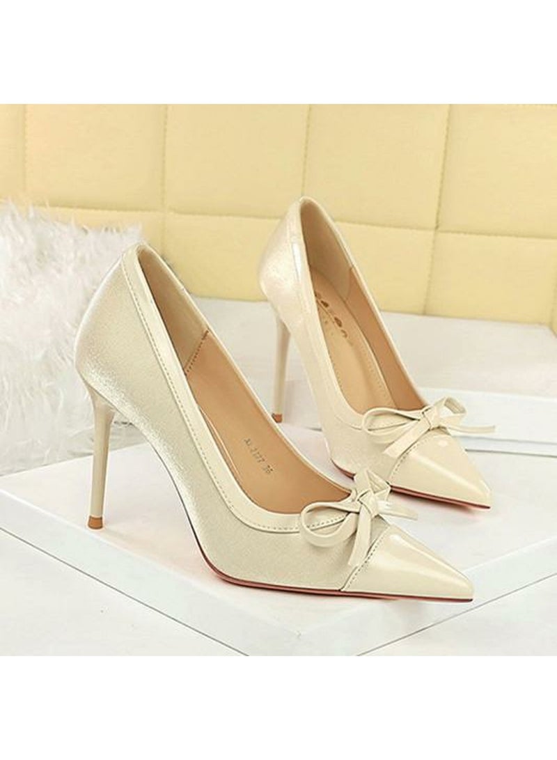BIGTREE Women's Stiletto Pumps Closed Pointed Toe High Heels With Bowknot Decoration Champagne 10.5CM - Image 2
