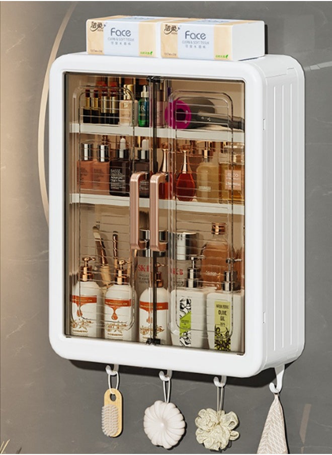 Generic Wall Mounted Bathroom Shelf Kitchen Cabinet Cosmetics Makeup Storage Organizer with Magnetic Door and Hooks for Towel Kicthen Utensil Dustproof Over Toilet Rack  - Image 1
