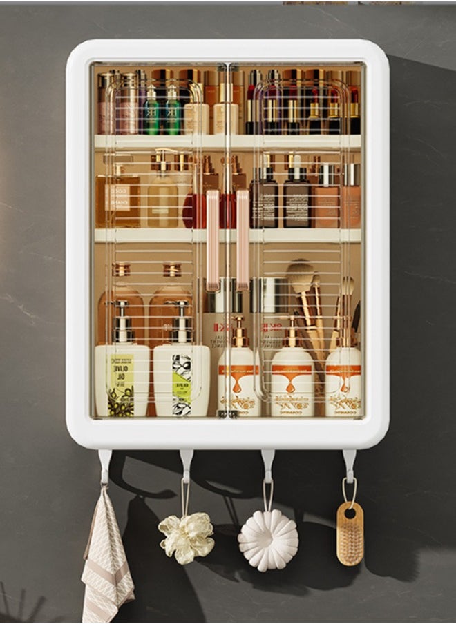 Generic Wall Mounted Bathroom Shelf Kitchen Cabinet Cosmetics Makeup Storage Organizer with Magnetic Door and Hooks for Towel Kicthen Utensil Dustproof Over Toilet Rack  - Image 2