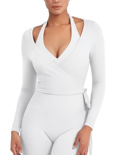 YEOREO Ease Women Pilates Wrap Top Long Sleeve Self Tie Ballet Workout Yoga Dance Shirt Y2K V Neck Cropped Tops White S - Image 1