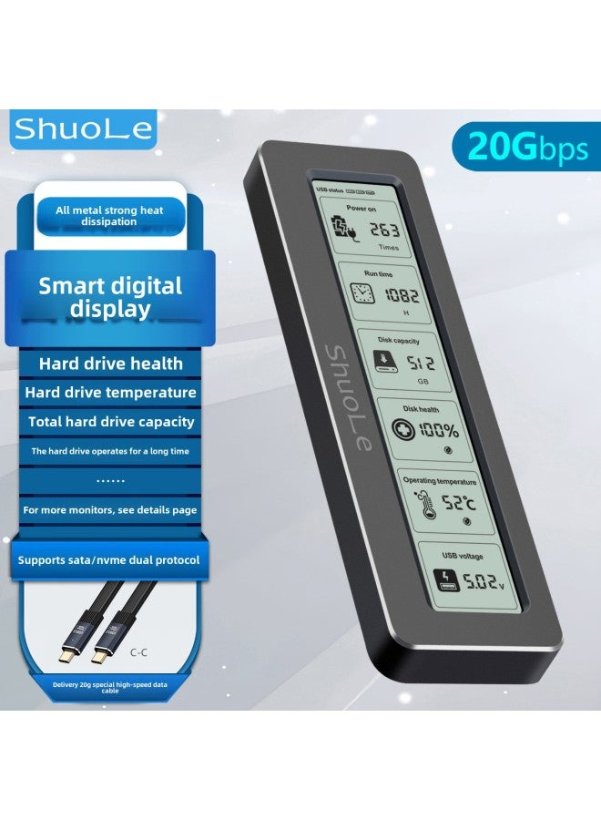 M.2 NVME/NGFF بروتوكول مزدوج 20G عالي السرعة ثنائي الشريحة شاشة رقمية ذكية للكشف عن الصحة صندوق القرص الصلب Typec-اللون: أسود Sl-tnp18-p-20g مع كابل بيانات C-c 20g --- التعبئة والتغليف باللغة الإنجليزية - Image 1