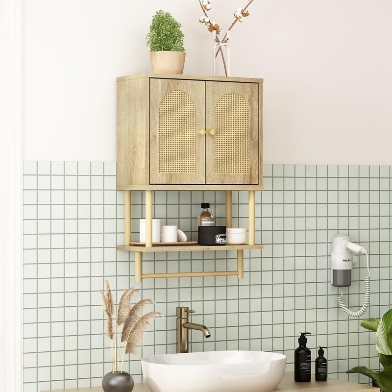 RUSTOWN Rattan Bathroom Wall Cabinet, Modern Boho Medicine Cabinet with Two Arched Rattan Doors, Over The Toilet Storage Cabinet with Adjustable Shelf and Towel Bar for Bathroom (Natural, Small) - Image 4