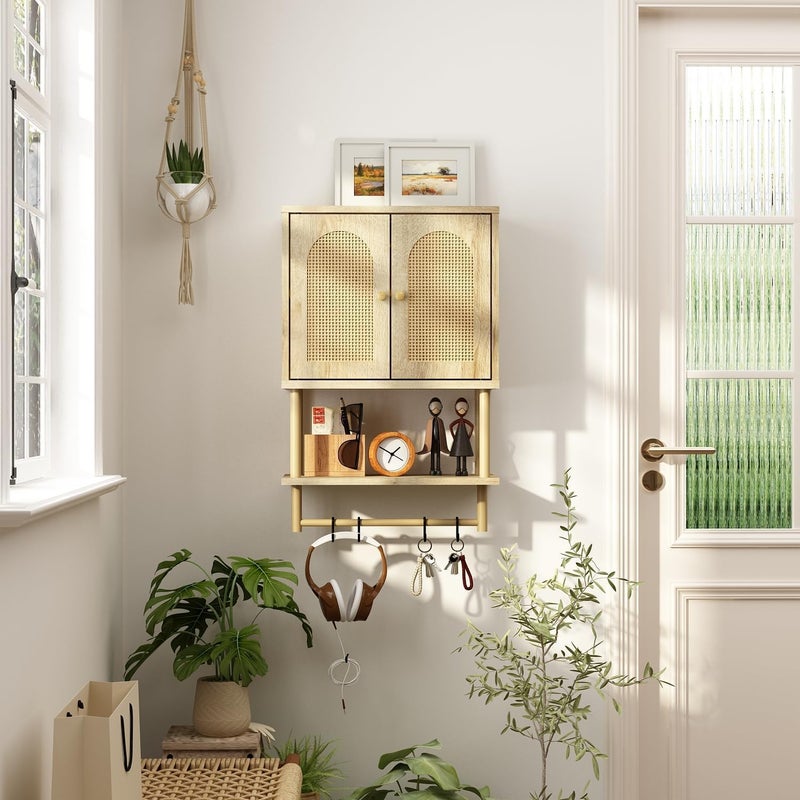 RUSTOWN Rattan Bathroom Wall Cabinet, Modern Boho Medicine Cabinet with Two Arched Rattan Doors, Over The Toilet Storage Cabinet with Adjustable Shelf and Towel Bar for Bathroom (Natural, Small) - Image 5