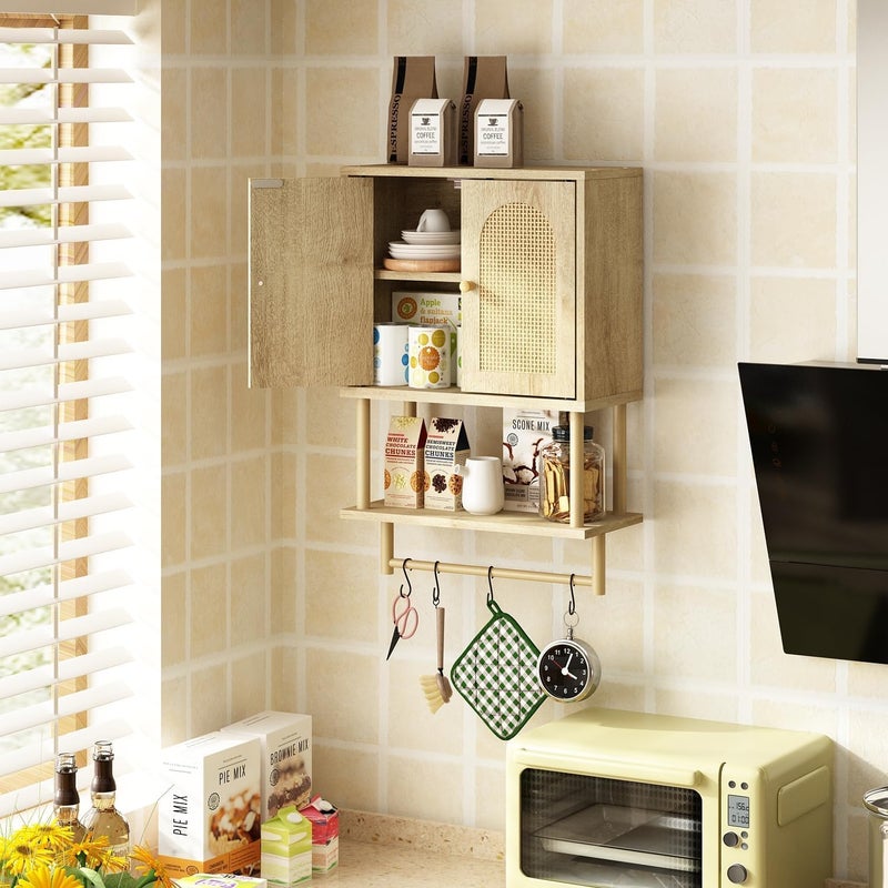 RUSTOWN Rattan Bathroom Wall Cabinet, Modern Boho Medicine Cabinet with Two Arched Rattan Doors, Over The Toilet Storage Cabinet with Adjustable Shelf and Towel Bar for Bathroom (Natural, Small) - Image 2