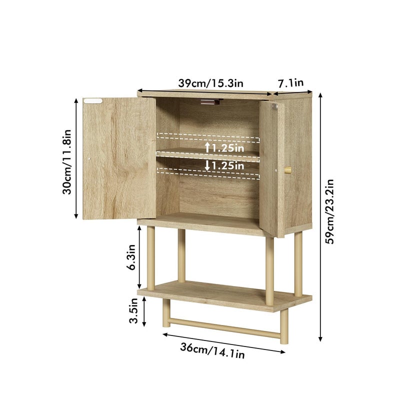 RUSTOWN Rattan Bathroom Wall Cabinet, Modern Boho Medicine Cabinet with Two Arched Rattan Doors, Over The Toilet Storage Cabinet with Adjustable Shelf and Towel Bar for Bathroom (Natural, Small) - Image 3