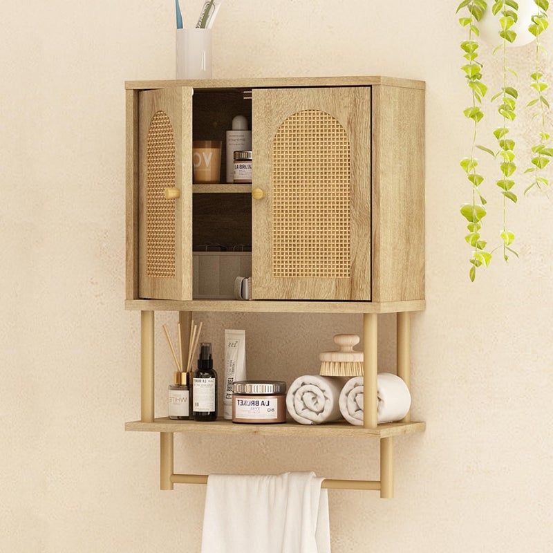 RUSTOWN Rattan Bathroom Wall Cabinet, Modern Boho Medicine Cabinet with Two Arched Rattan Doors, Over The Toilet Storage Cabinet with Adjustable Shelf and Towel Bar for Bathroom (Natural, Small) - Image 1