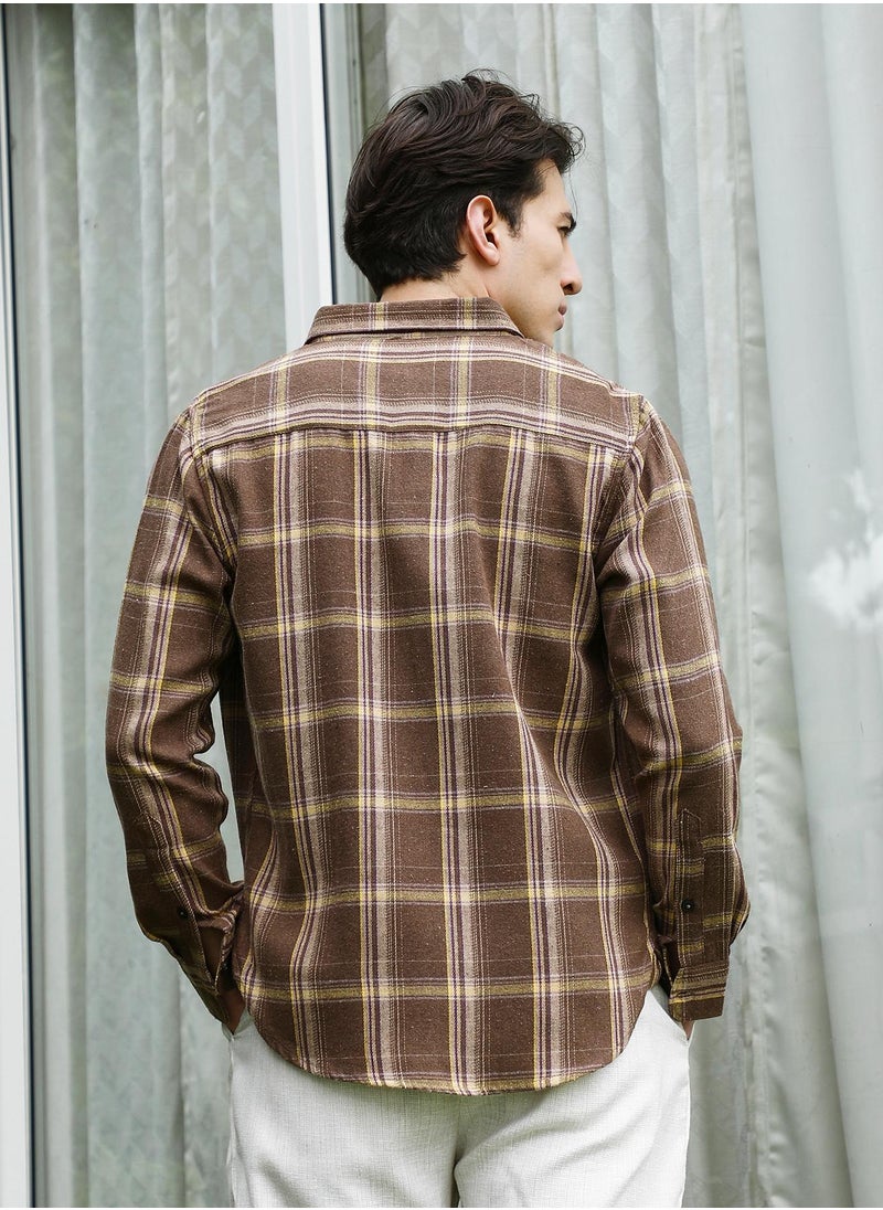 Campus Sutra Men's Brown Plaid Cotton Blend Full Sleeve Shirt  - Image 5