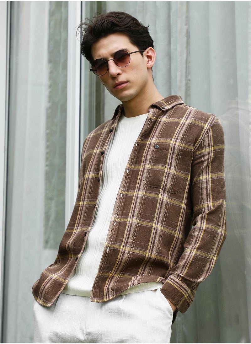 Campus Sutra Men's Brown Plaid Cotton Blend Full Sleeve Shirt  - Image 1