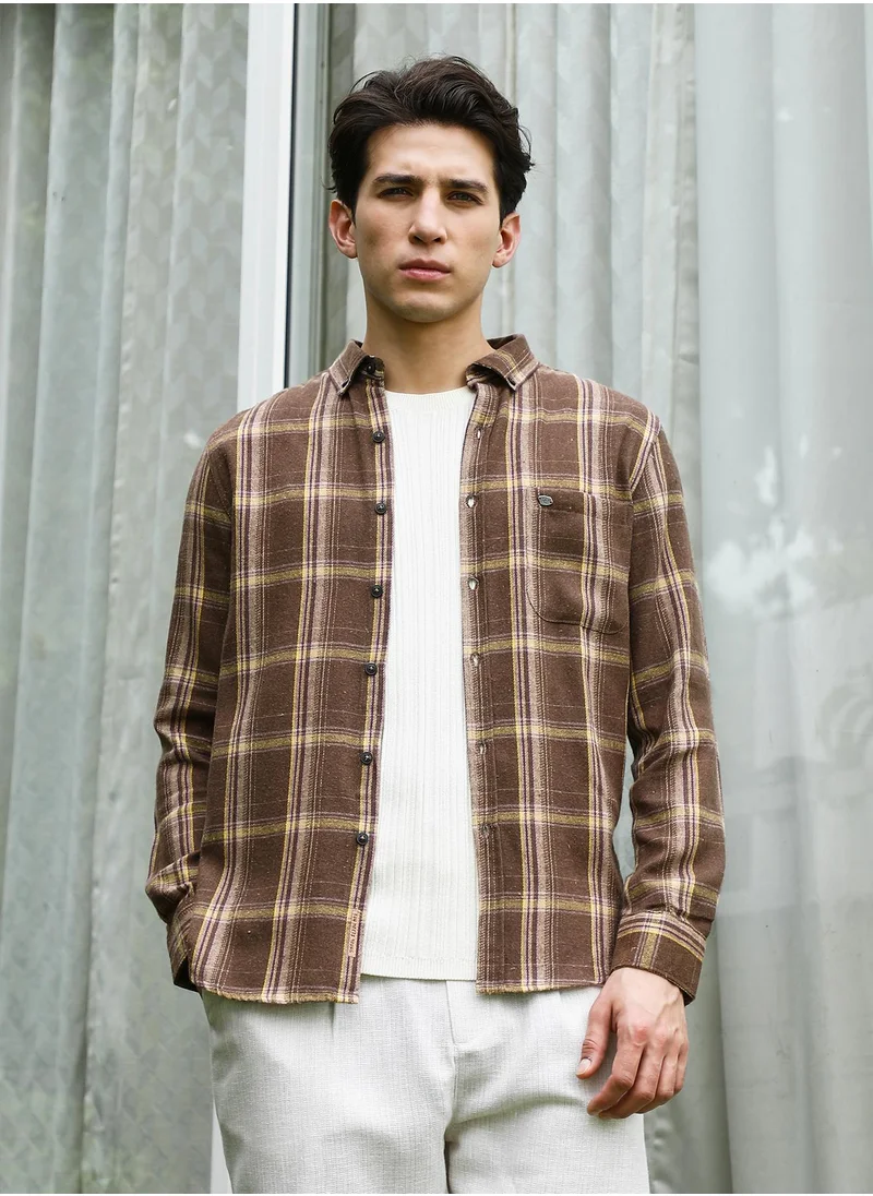 كامبوس سوترا Men's Brown Plaid Cotton Blend Full Sleeve Shirt