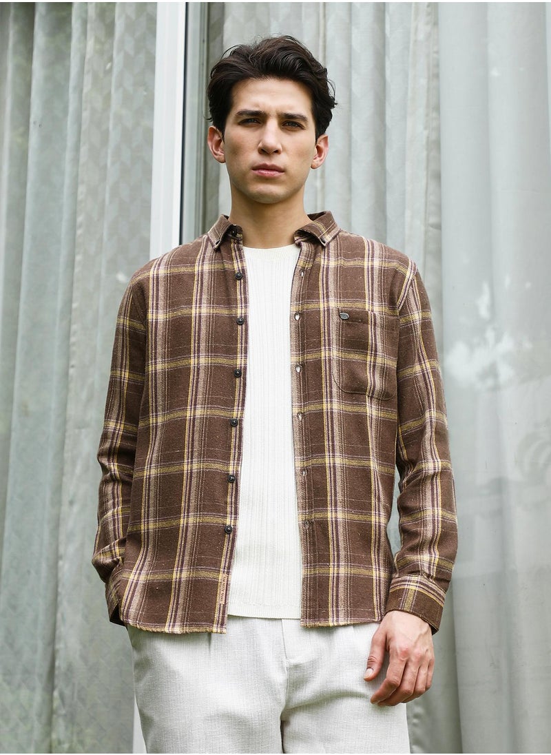 Campus Sutra Men's Brown Plaid Cotton Blend Full Sleeve Shirt  - Image 2