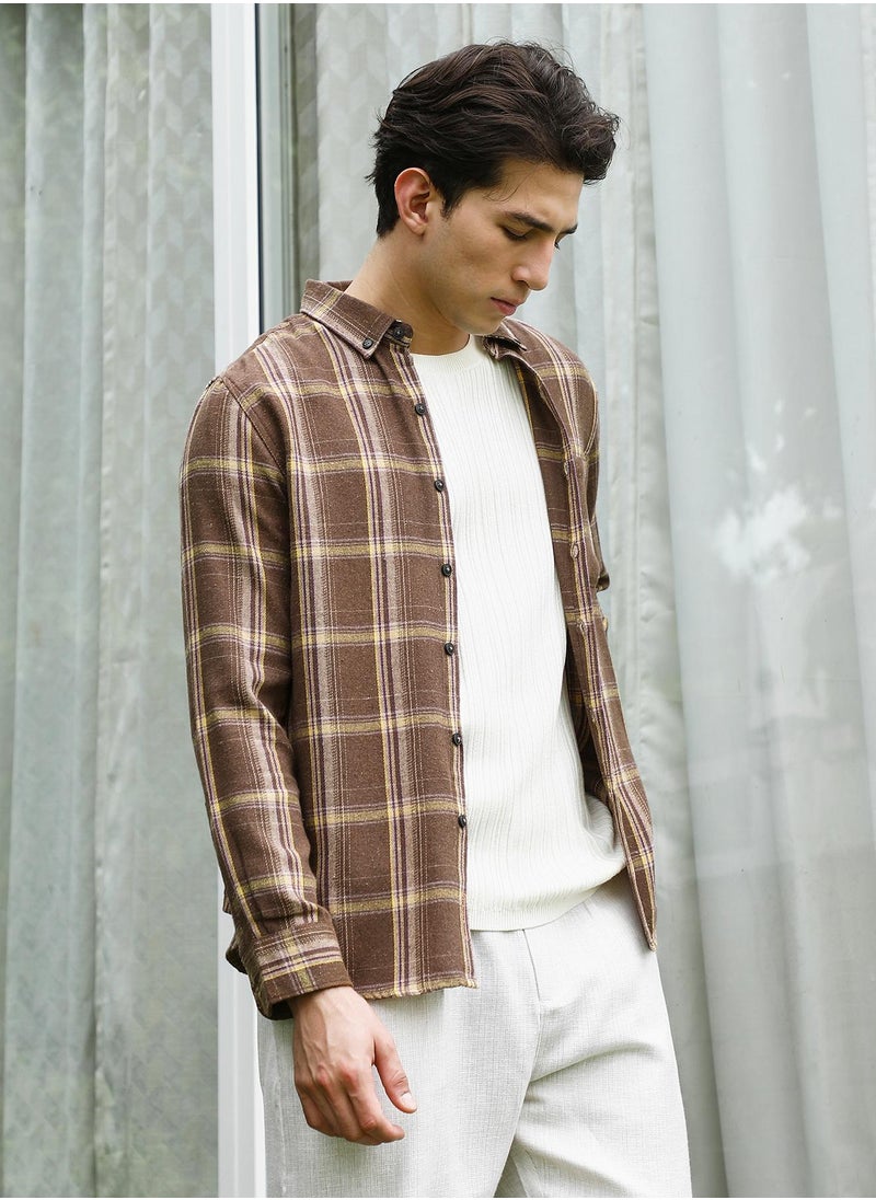 Campus Sutra Men's Brown Plaid Cotton Blend Full Sleeve Shirt  - Image 3