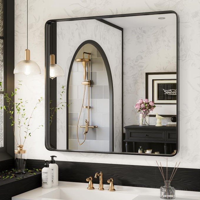 BLACK METAL FRAMED WALL MIRROR FOR BATHROOM 36 X 36 ROUNDED CORNER RECTANGLE MIRROR BEDROOM VANITY MIRRORS WALL MOUNTED TEMPERED GLASS