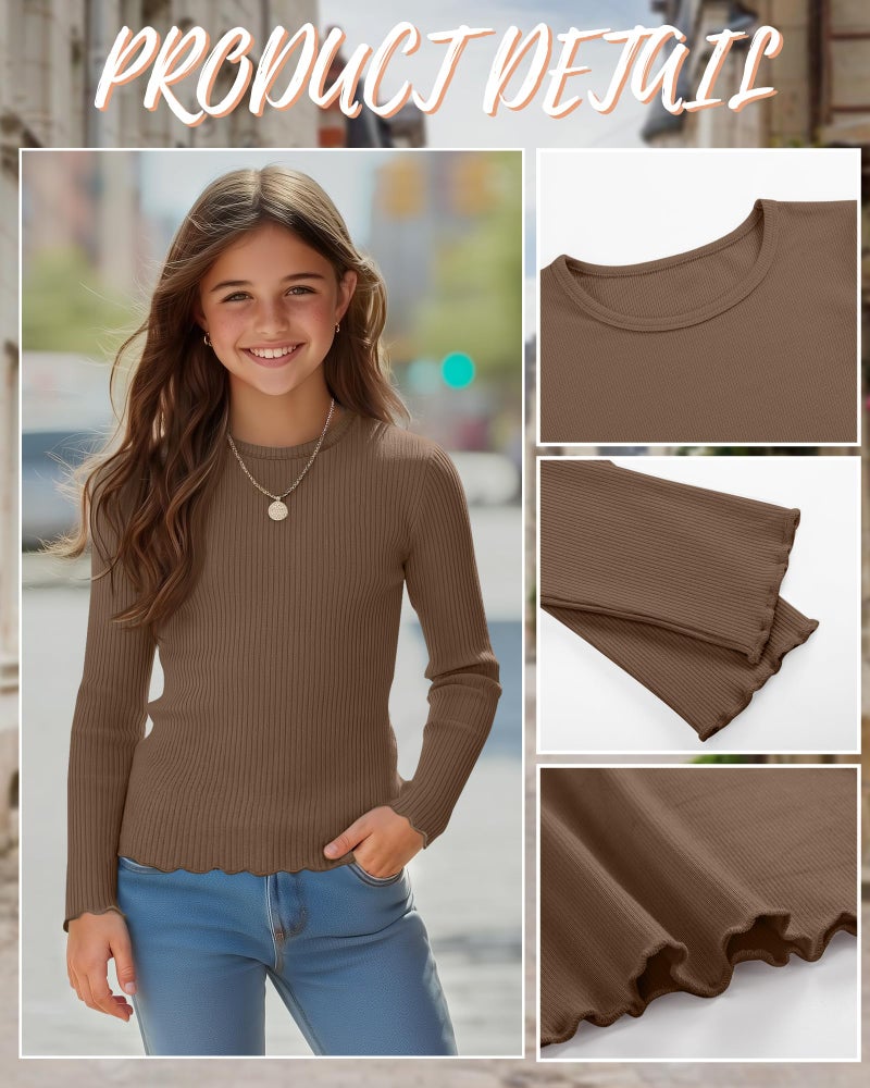 LessonZoo 3 Pack Girls' Long Sleeve Tops Crewneck Ribbed Tees Shirt Cotton Lettuce Trim Cute Undershirt Base Layering(Black, Mocha, Cream,5-6 Years) - Image 5