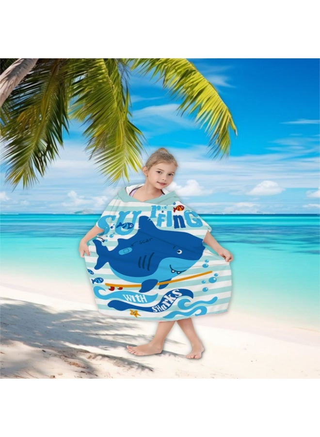 Kids Hooded Poncho Towel, Quick-Dry Surfing Shark Beach Swim Robe with "SURFING WITH SHARKS" Print - Image 1