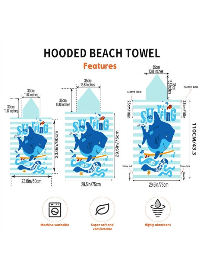Kids Hooded Poncho Towel, Quick-Dry Surfing Shark Beach Swim Robe with "SURFING WITH SHARKS" Print - Image 4