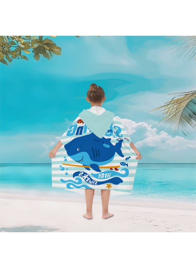 Kids Hooded Poncho Towel, Quick-Dry Surfing Shark Beach Swim Robe with "SURFING WITH SHARKS" Print - Image 3