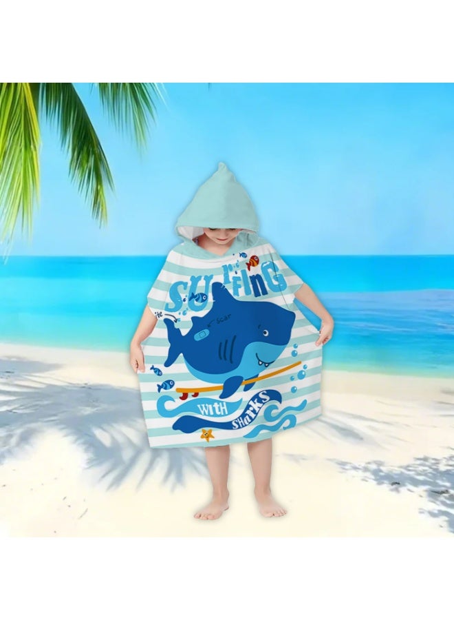 Kids Hooded Poncho Towel, Quick-Dry Surfing Shark Beach Swim Robe with "SURFING WITH SHARKS" Print - Image 2