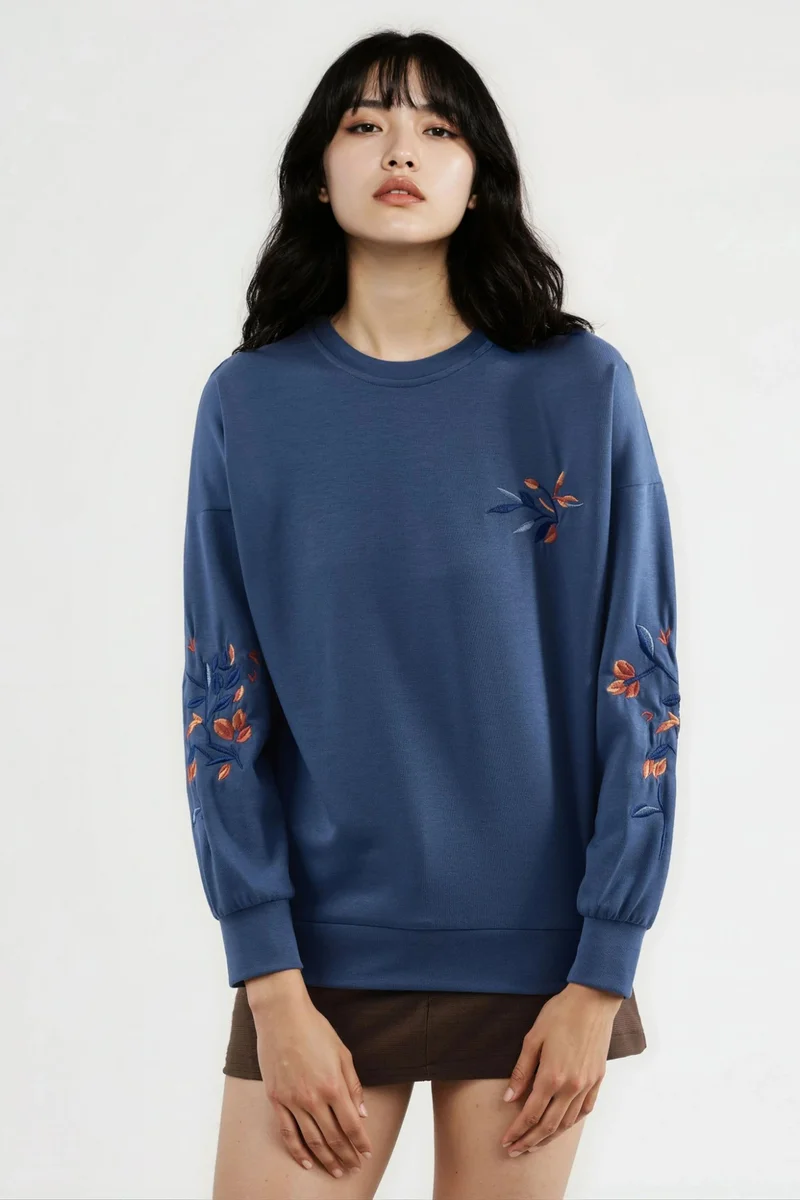 Hiccup Cornflower Blue Modal Touch Crew Neck Embroidered Sweatshirt Bersan Collection for Women | Best Price UAE
