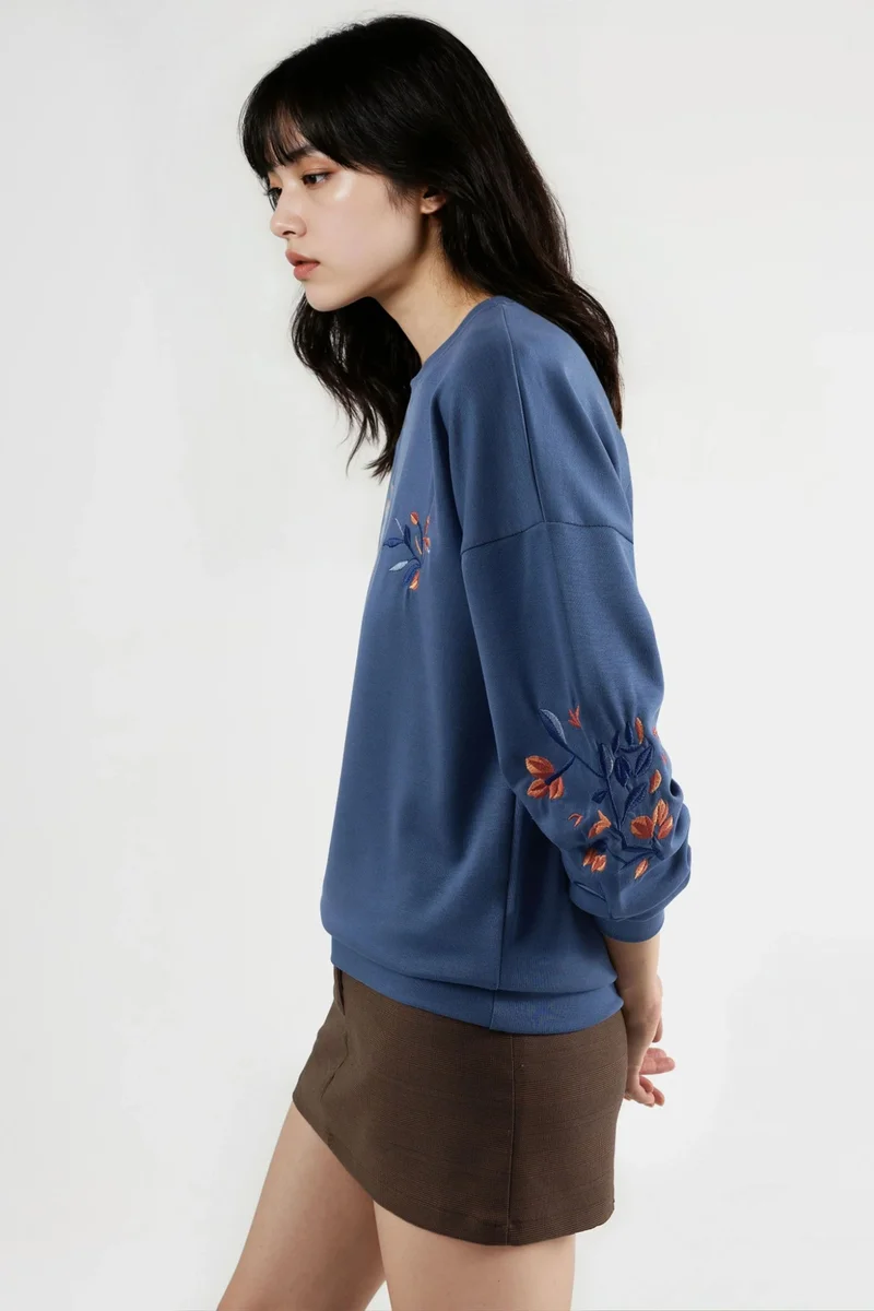 Hiccup Cornflower Blue Modal Touch Crew Neck Embroidered Sweatshirt Bersan Collection for Women | Best Price UAE