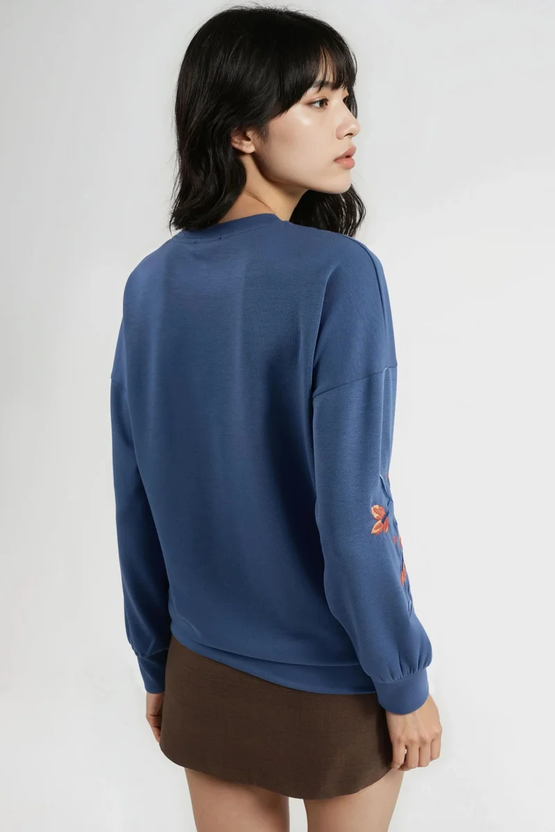 Hiccup Cornflower Blue Modal Touch Crew Neck Embroidered Sweatshirt Bersan Collection for Women | Best Price UAE