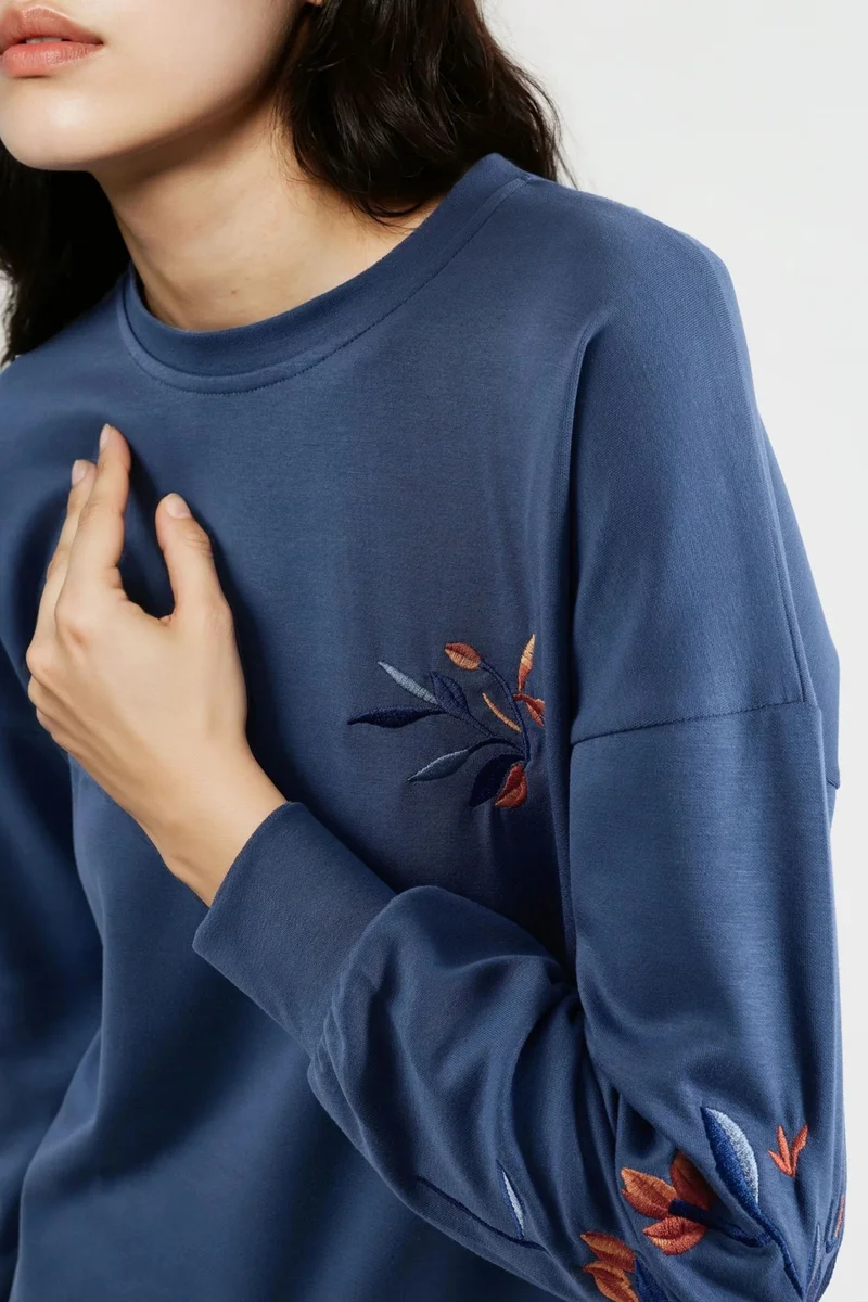Hiccup Cornflower Blue Modal Touch Crew Neck Embroidered Sweatshirt Bersan Collection for Women | Best Price UAE