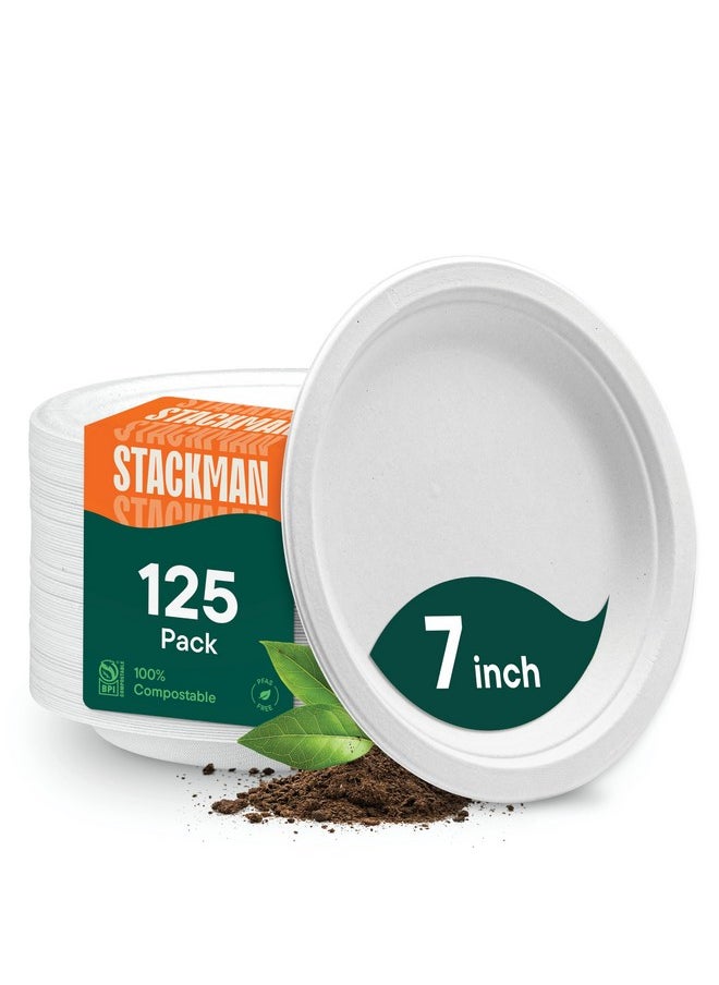 Stack Man Stack Man 100% Compostable Small Paper Plates 7 Inch Heavy-Duty [125-Pack] Eco-Friendly White Bagasse Disposable Dessert Cake Plates - 7" Biodegradable Plate (BPI-Certified) (PFAS-Free)  - Image 1