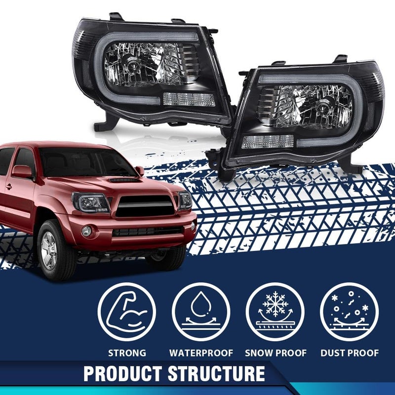 PIT66 مجموعة مصابيح أمامية LED DRL PIT66 متوافقة مع تويوتا تاكوما 2005 2006 2007 2008 2009 2010 2011 عدسة شفافة هيكل أسود مصابيح أمامية 8115004163 TO2503157 - Image 2