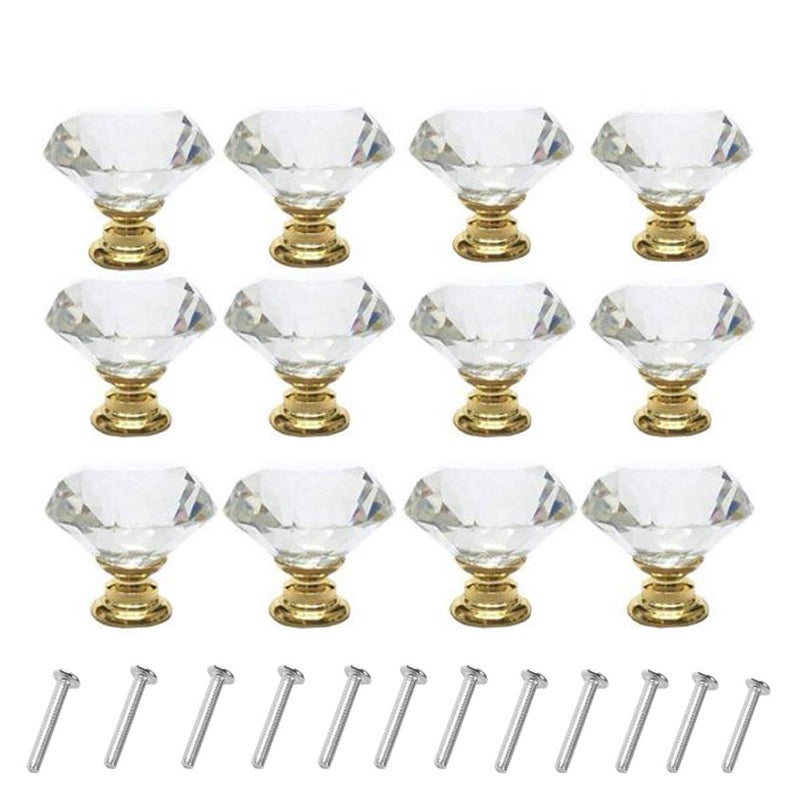 ANJUU 12 Pcs 30mm Diamond Shape Crystal Glass Cabinet Knobs with Screws Drawer Knob Pull Handle Used for Kitchen, Dresser, Door, Cupboard (GOld B Clear) - Image 1