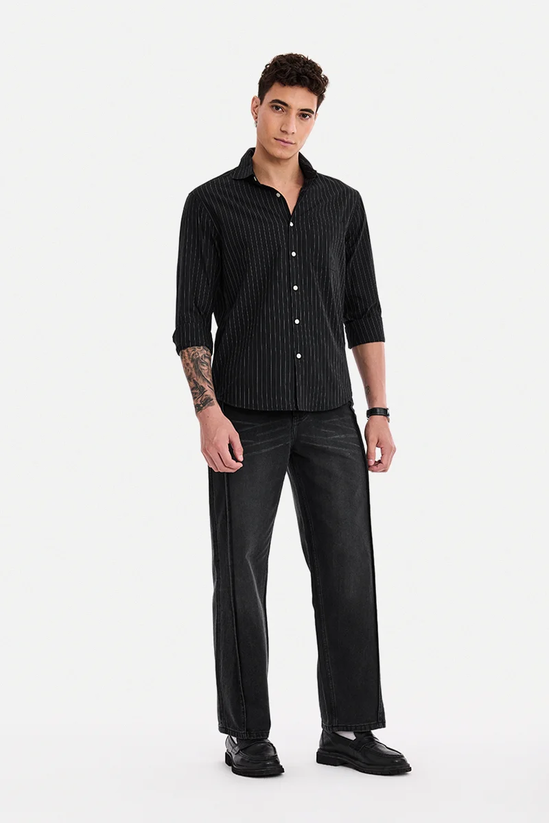 SNITCH Black Striped Long Sleeve Regular Fit Shirt