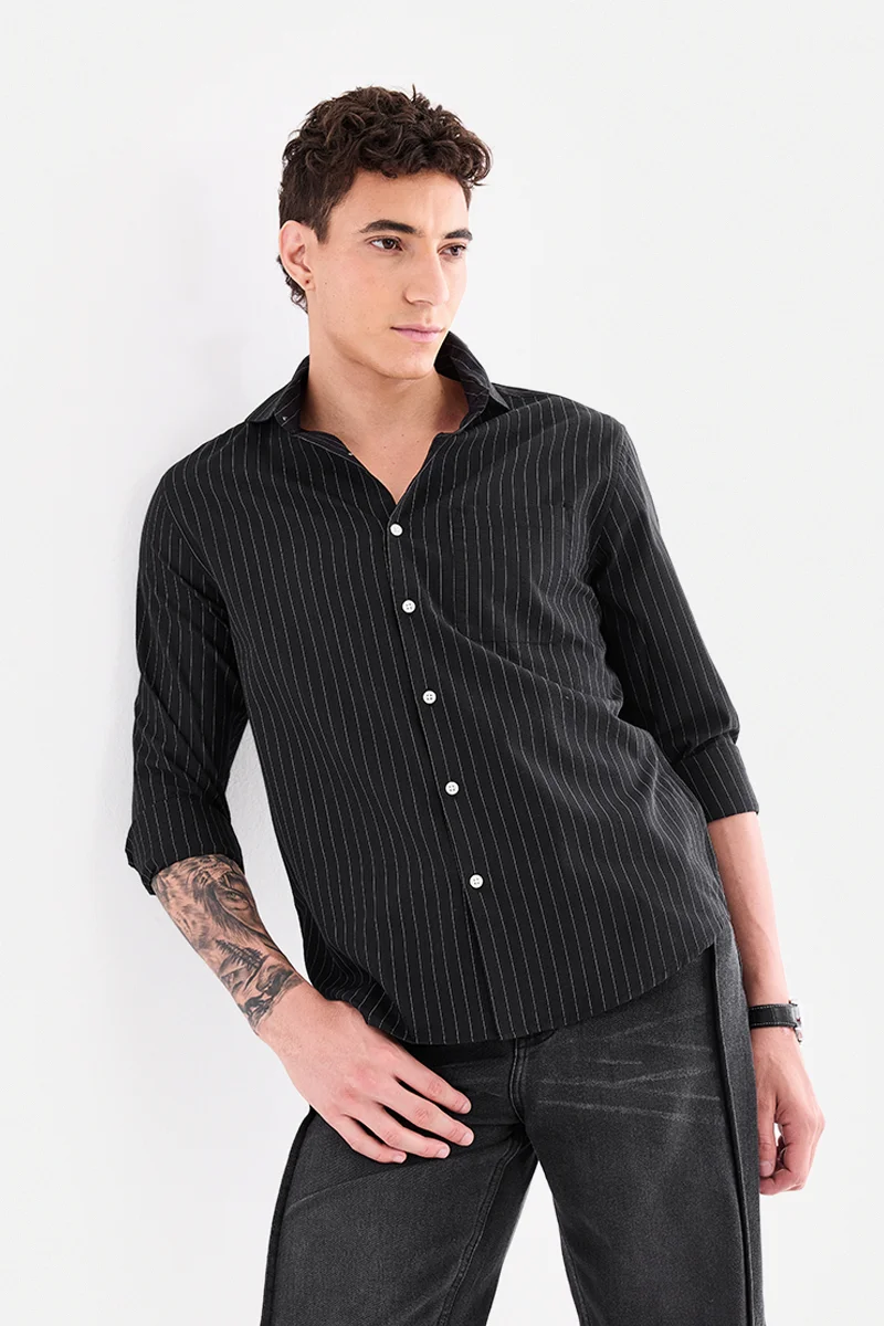 SNITCH Black Striped Long Sleeve Regular Fit Shirt