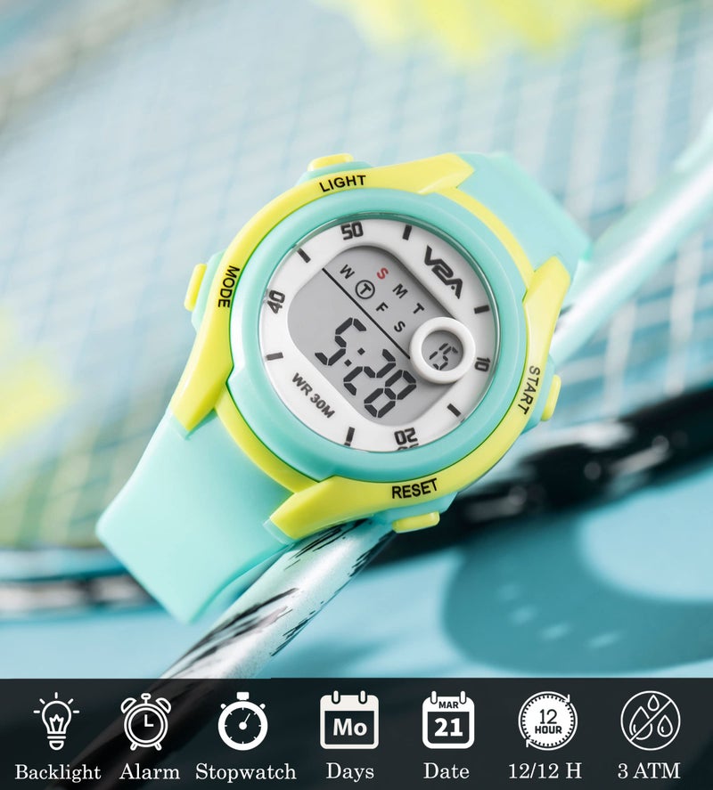 V2A Boys and Girls Kids Watch - Waterproof Watch, Gifts for Boys and Girls Age 5-13 for Multi-Functional 30 M Waterproof Digital Sports Watches for 5 6 7 8 9 10 Year Old Kids (Light Green Dial and Band) - Image 2