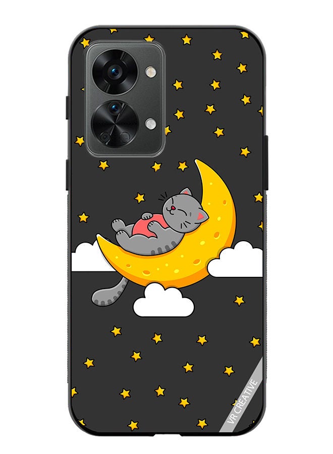 Protective Case Cover For OnePlus Nord 2T The Gray Cat Sleeps On The Moon Sky Stars Design Multicolour