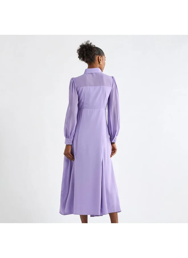 FAV Solid A-line Shirt Dress with Long Sleeves