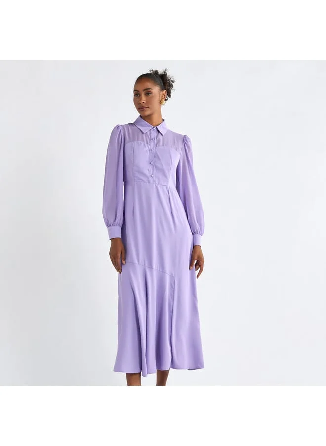 FAV Solid A-line Shirt Dress with Long Sleeves