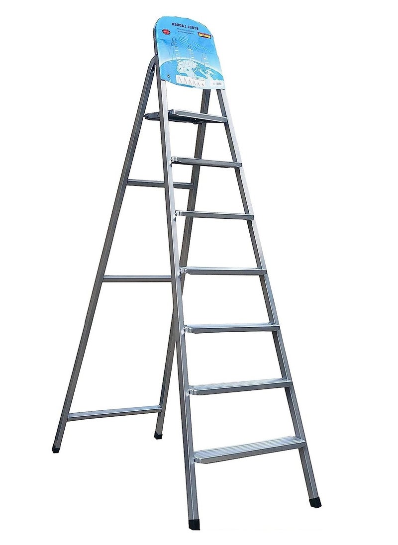 ROBUSTLINE Robustline Steel Ladder 7 Steps Foldable Step Ladder with Handgrip and Non-Slip Treads, 150 kgs Weight Capacity- Silver 